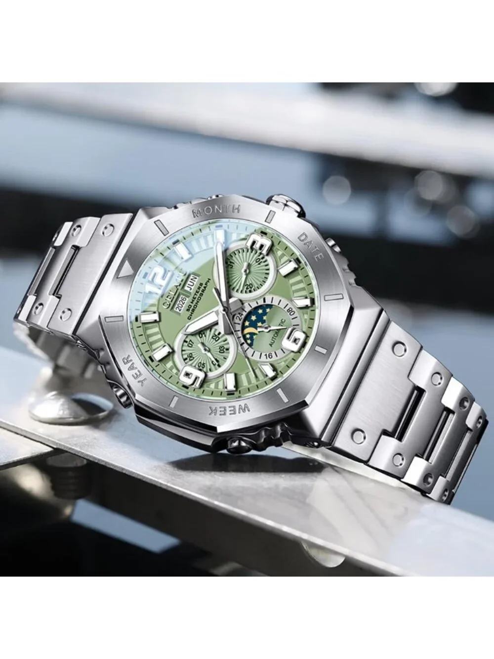 Men's Silver Case-Green Dial Automatic Mechanical Multi-Function Luxury Watch